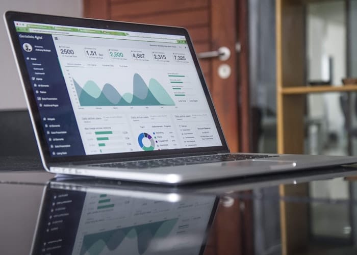 Ekran z dashboardem analitycznym pokazującym wzrost ruchu organicznego i konwersji z SEO na przestrzeni miesięcy