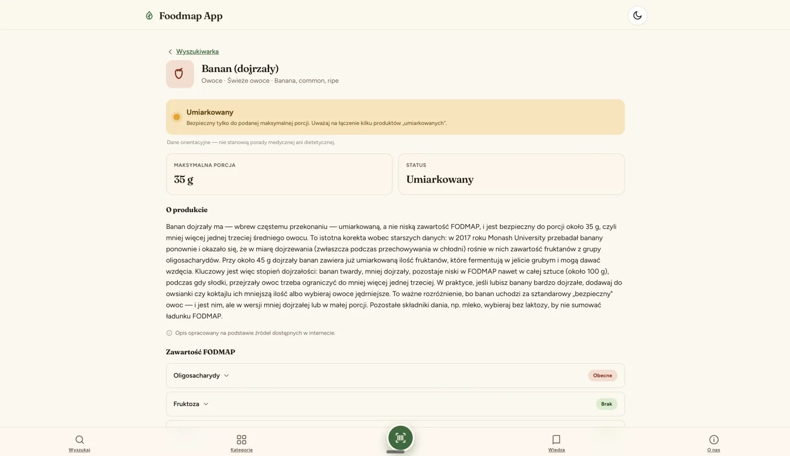 Strona produktu w FODMAP Checker z opisem edukacyjnym opartym na danych Monash University