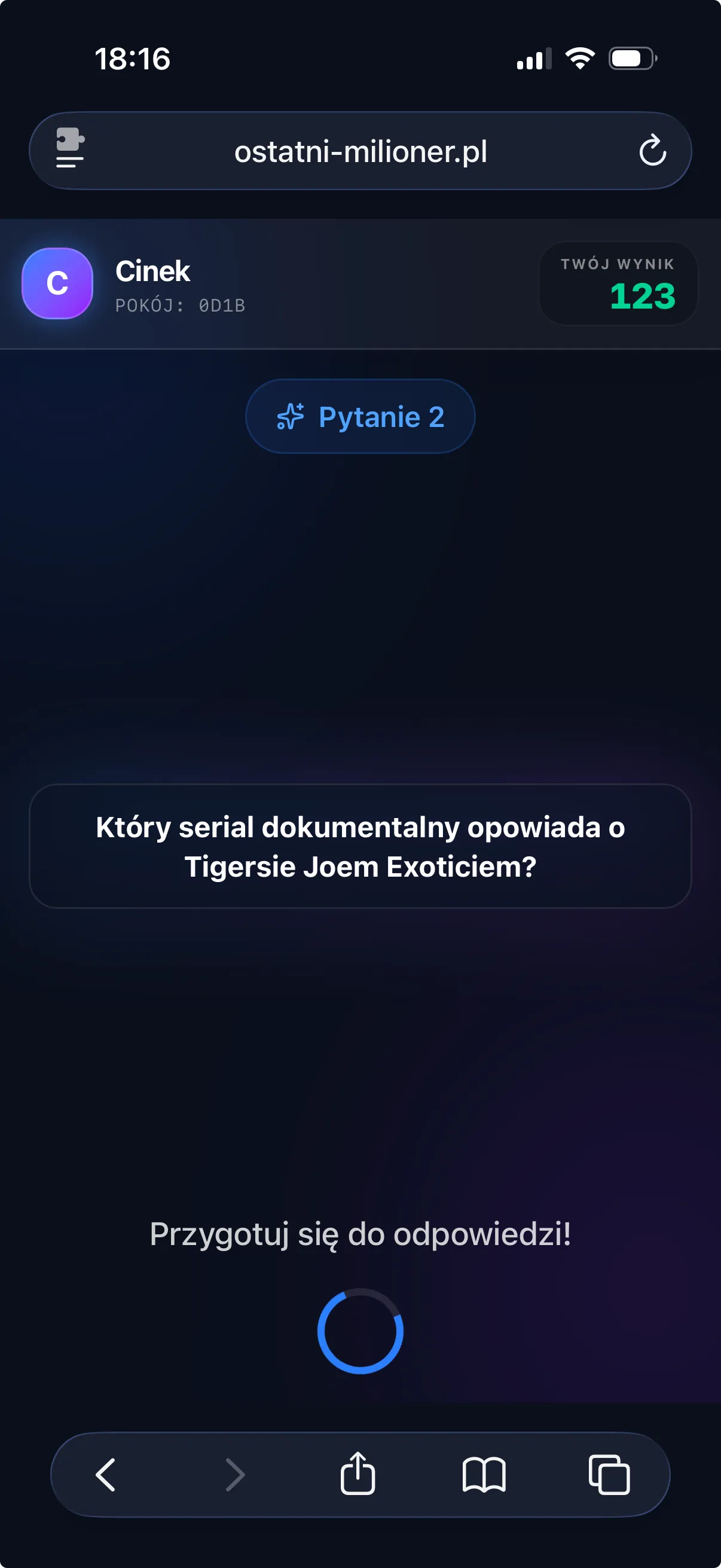 Ostatni Milioner — widok gracza na telefonie, wybór odpowiedzi