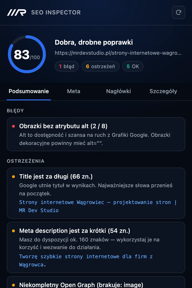 Okno wtyczki SEO Inspector — wynik 83/100 z listą błędów i ostrzeżeń dla analizowanej strony